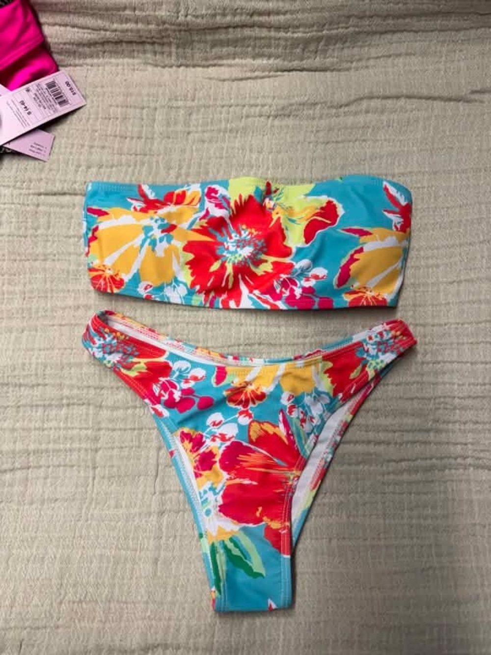 SHEIN Turquoise Floral Bandeau Bikini Set with Red & Yellow Accents